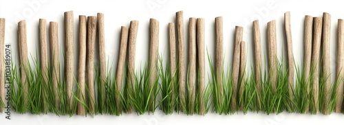 Realistic Wooden Fence Made of Small Sticks with Grass in Front on White BackgroundRealistic Wooden Fence Made of Small Sticks with Grass in Front on White Background photo