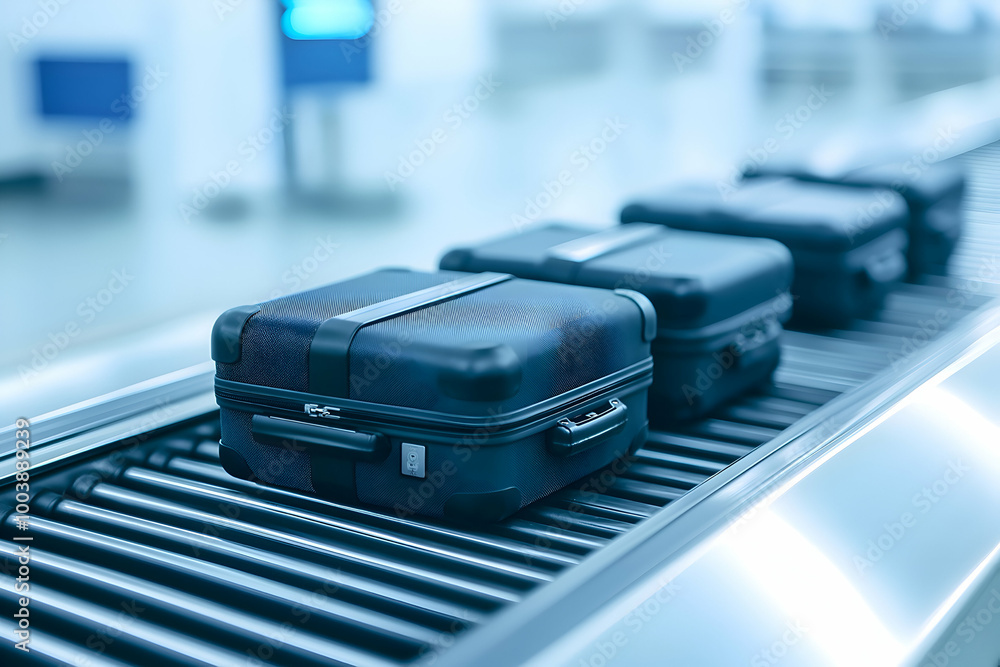 Luggage on conveyor belt at airport, travel and transportation concept, baggage handling system Luggage on conveyor belt at airport, travel and transportation concept, baggage handling system