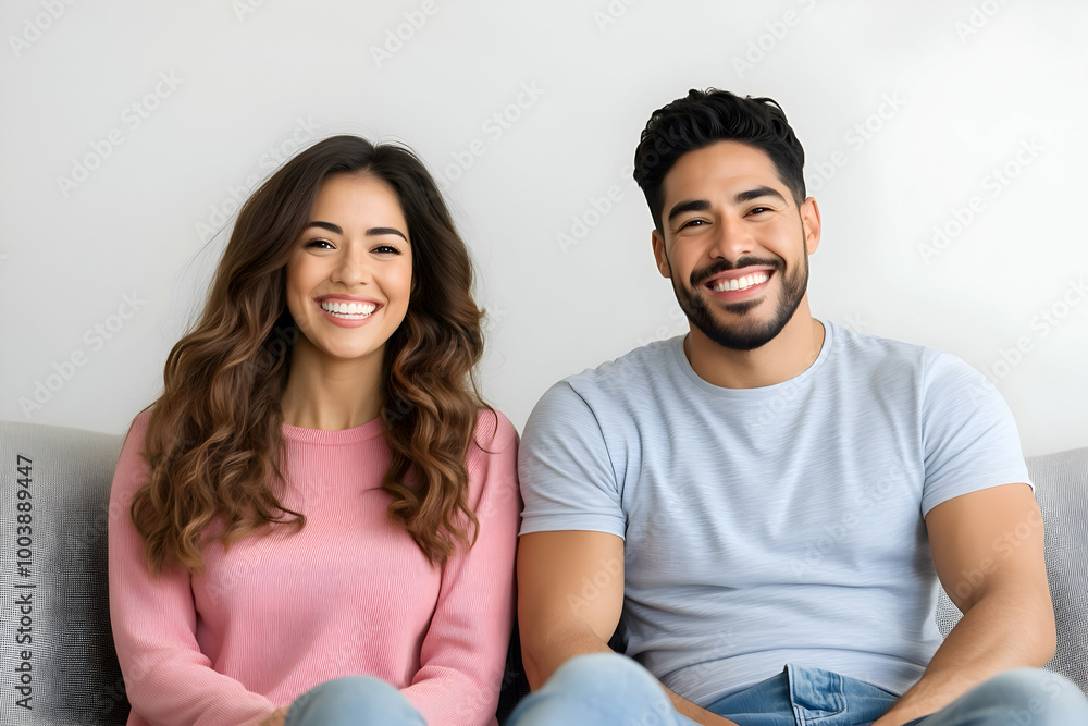 Happy couple sitting on couch, smiling and relaxed, casual home setting Happy couple sitting on couch, smiling and relaxed, casual home setting