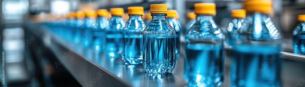 Bottling assembly line with glass bottles, modern factory setting, blue tones Bottling assembly line with glass bottles, modern factory setting, blue tones
