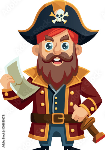 Cartoon pirate holding a treasure map and a sword