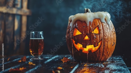 Halloween pumpkin lantern and beer glass on a rustic wooden table.
