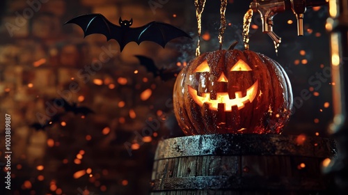 Halloween pumpkin with bats and spooky ambiance, perfect for seasonal decoration.