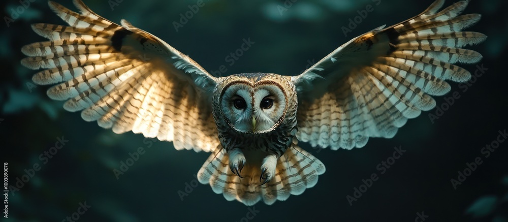 Fototapeta premium A majestic owl with its wings spread wide, in flight, looking directly at the camera with a focused expression.