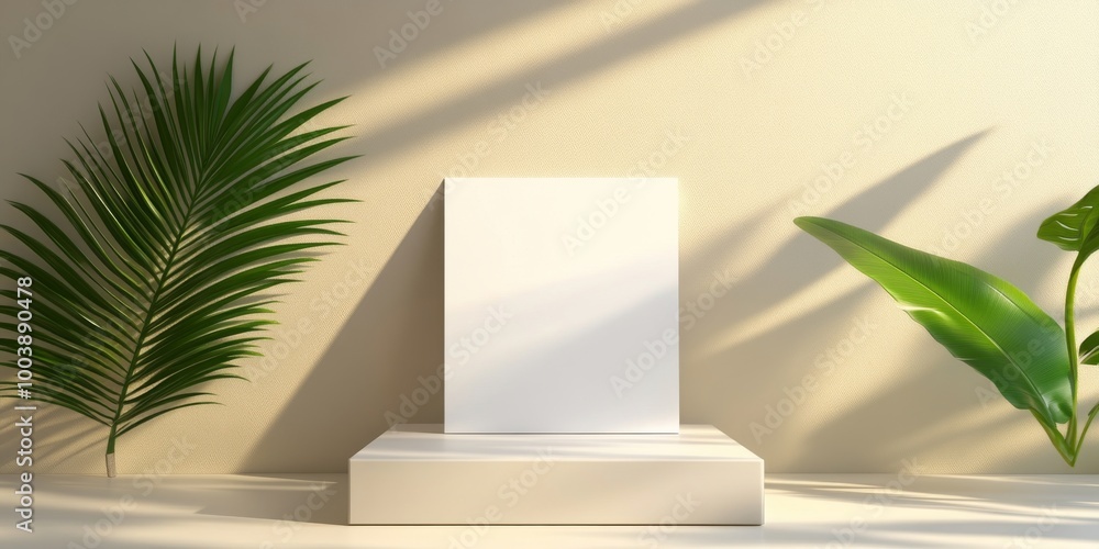 White Paper Sheet on Elegant Podium with Shadows of Leaves Casting Across the Surface White Paper Sheet on Elegant Podium with Shadows of Leaves Casting Across the Surface