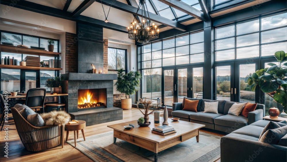 Fototapeta premium Expansive Open-Plan Living Area with Floor-to-Ceiling Windows