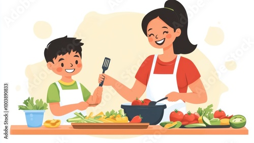 Mom and son cooking together in the kitchen, joyful family moment.