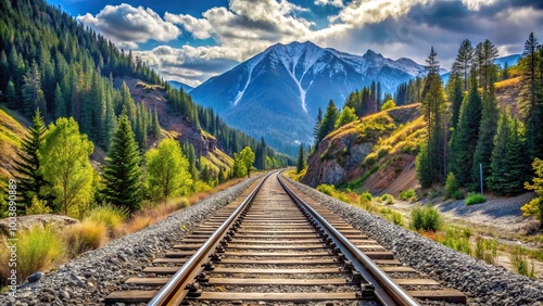 Low angle view of railroad tracks, railroad switcher, rails, crossing, mountains