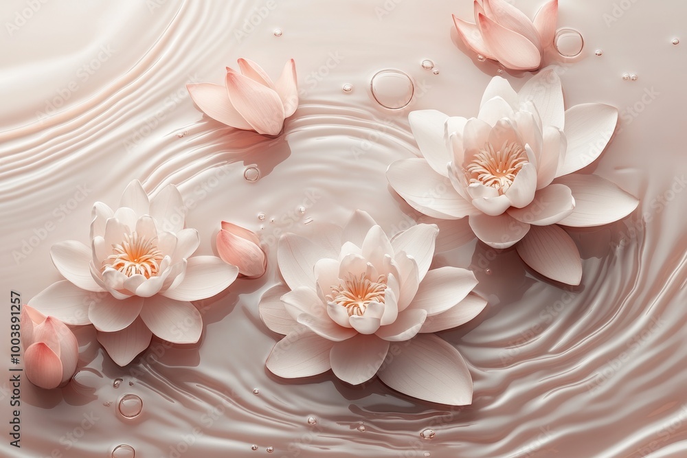 spa water scene, tranquil spa setting with gentle water ripples and floating lotus flowers in soft pink and white hues spa water scene, tranquil spa setting with gentle water ripples and floating lotus flowers in soft pink and white hues