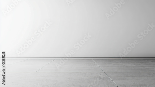 Minimalist plain white wall background with a grey floor, an empty room mockup template