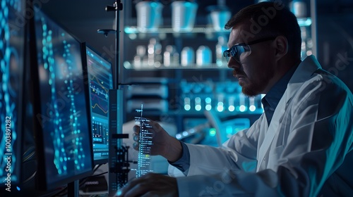 Scientist Examining Synthetic Organisms with DNA Sequencing Technology in a Modern Laboratory