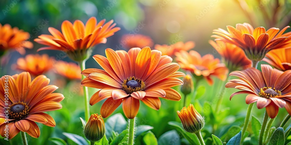 Fototapeta premium Low angle view of spring flowers background with orange daisies and green leaves from above in garden