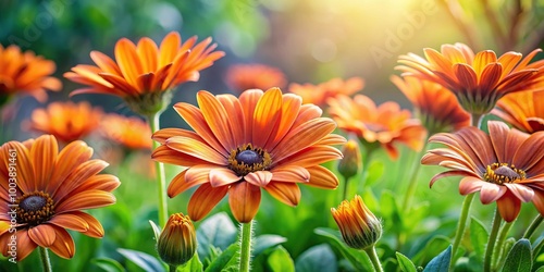 Low angle view of spring flowers background with orange daisies and green leaves from above in garden photo