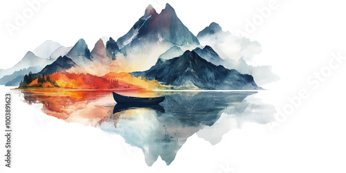 Watercolor mountain landscape with a boat and lake, vector illustration isolated on a white background