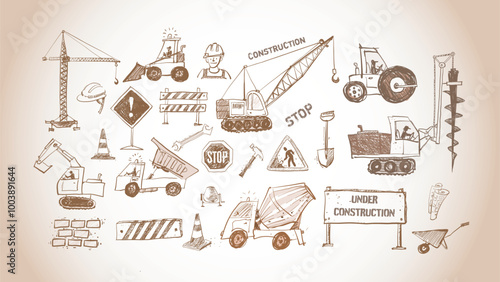 Hand drawn vector doodle sketch of various heavy construction vehicles, including cranes, excavators, trucks, and loaders in vintage style