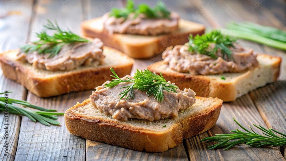 Low angle view of toasts with pate and fresh dill, healthy appetizer Low angle view of toasts with pate and fresh dill, healthy appetizer
