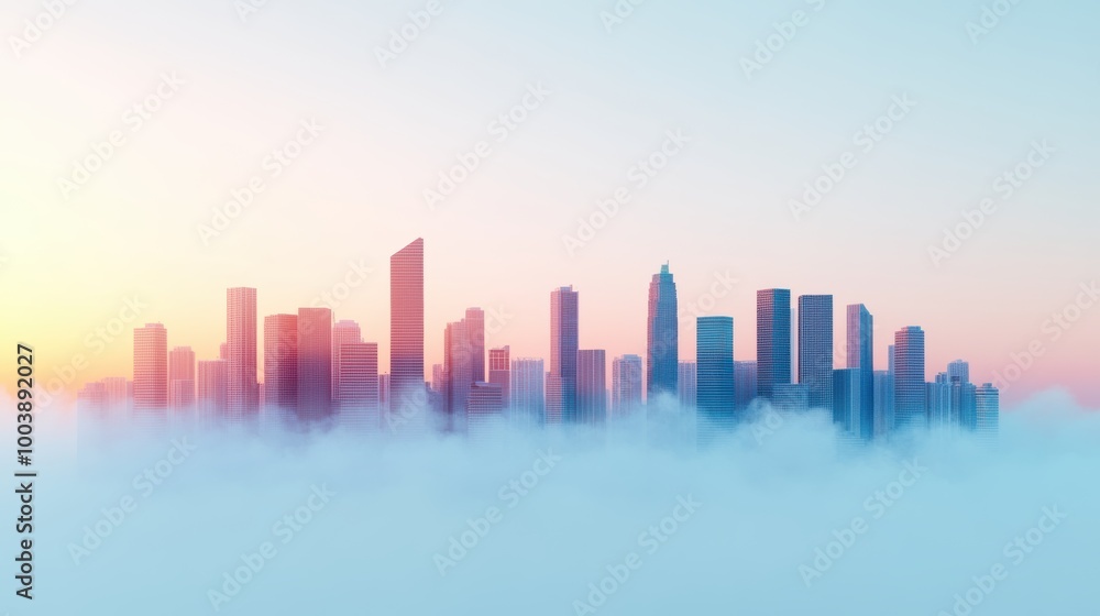 Fototapeta premium A panoramic view of a modern cityscape with towering skyscrapers connected by a complex network of communication and transportation infrastructure, representing the global interconnectedness of
