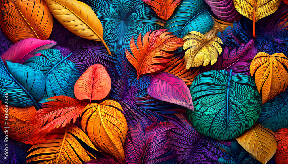 Naklejka premium Vibrant Tropics: An Abstract Journey Through Lush Leaf Patterns