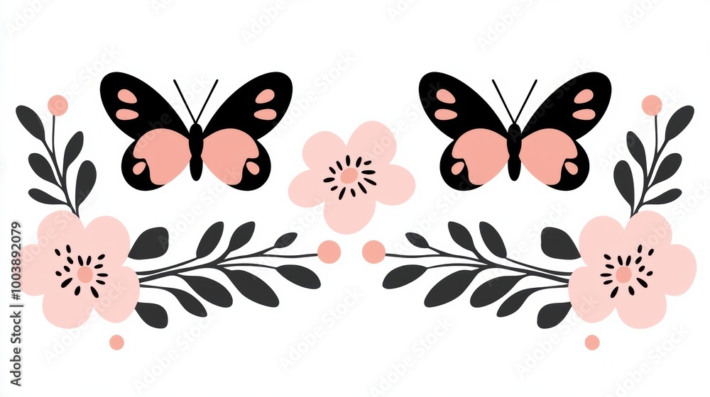 Obraz premium Floral Pattern with Butterflies and Flowers Design
