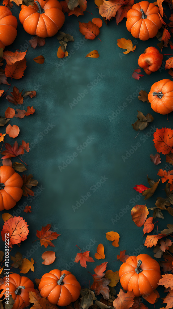 Top-Down Fall Scene with Pumpkins and Leaves on Plain Green Background Top-Down Fall Scene with Pumpkins and Leaves on Plain Green Background