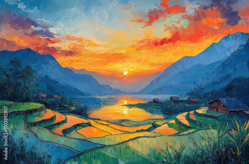 Sunset Over Rice Terraces in Vietnam: A Stunning Impressionist Painting Celebrating Agricultural Beauty