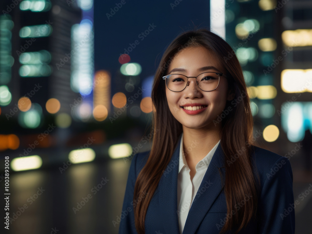 portrait of a young beautiful smiling asian girl with with glasses she looking at camara with loose hair dressed in a business suit, night city at background portrait of a young beautiful smiling asian girl with with glasses she looking at camara with loose hair dressed in a business suit, night city at background