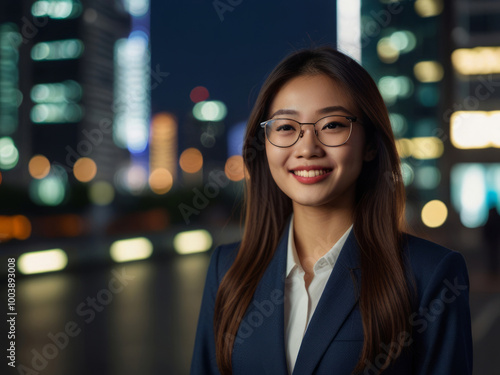 portrait of a young beautiful smiling asian girl with with glasses she looking at camara with loose hair dressed in a business suit, night city at background