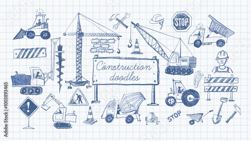 Vector doodle sketch of various heavy construction vehicles, including cranes, excavators, trucks, and loaders, in hand-drawn style on lined paper background