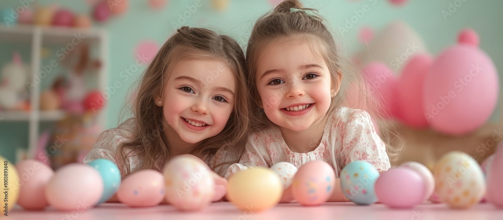 Two little girls smiling at the camera with colorful Easter eggs in front of them. Two little girls smiling at the camera with colorful Easter eggs in front of them.