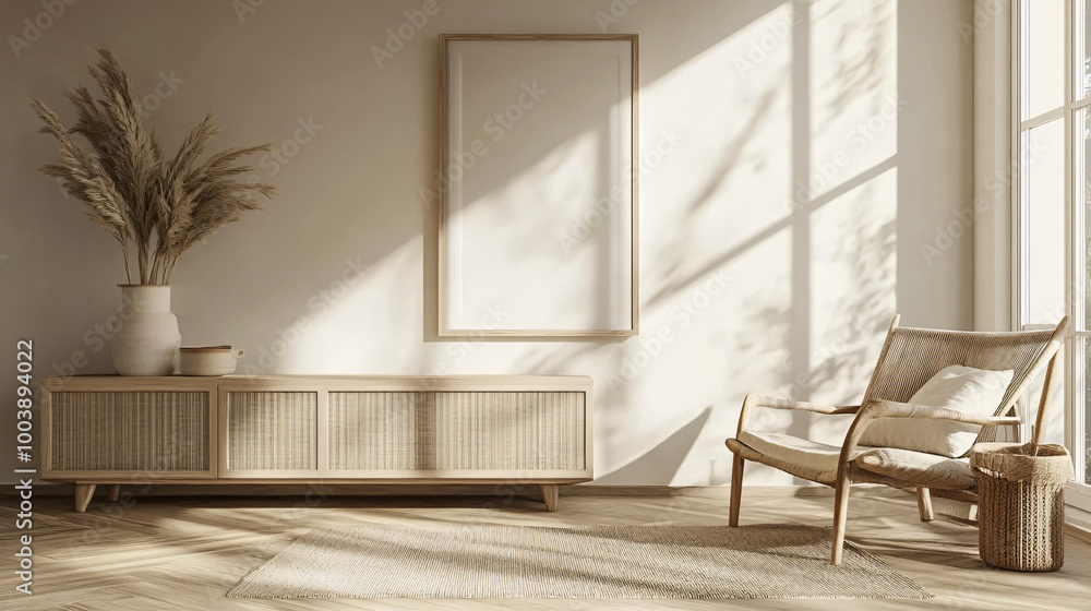 Framed artwork mock-up in a Scandinavian-inspired room, with light and airy decor, 3D render. Framed artwork mock-up in a Scandinavian-inspired room, with light and airy decor, 3D render.