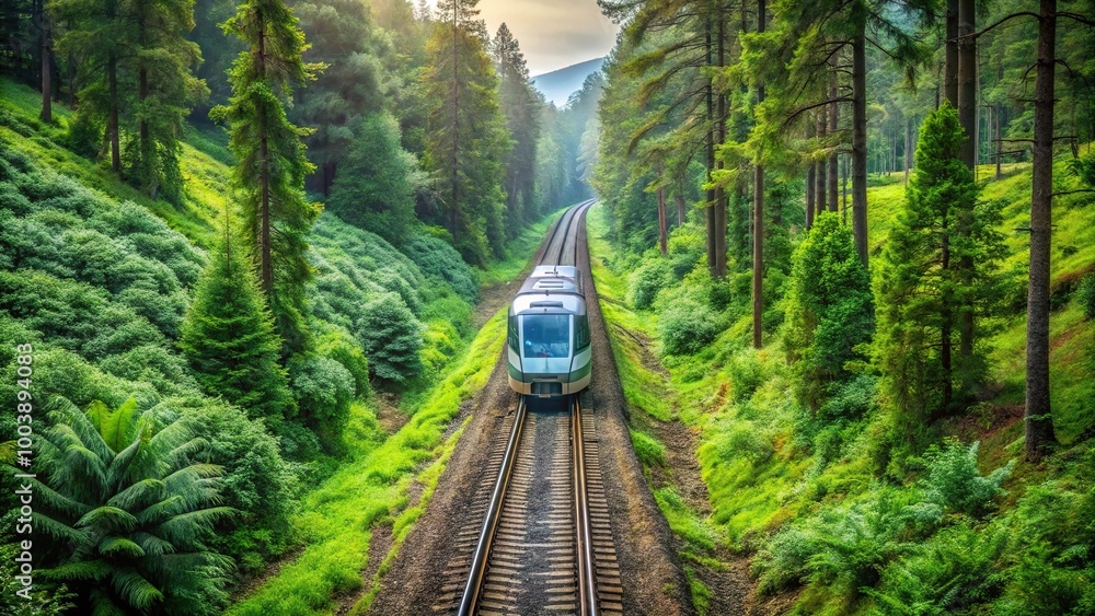 Fototapeta premium lush green forest with ferns and tall trees surrounding railway tracks