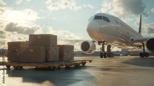 A white airplane is parked on the tarmac next to a cart full of boxes