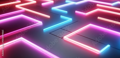 Abstract Digital Background with Glowing Neon Cubes and Lines Representing Advanced Blockchain Technology