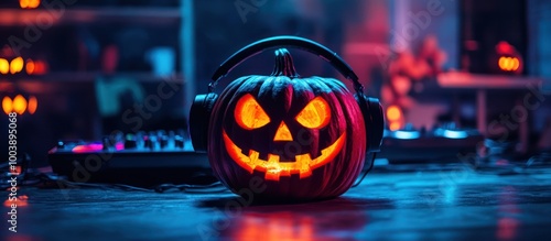 Wallpaper Mural Carved pumpkin with headphones in front of a DJ mixer. Torontodigital.ca