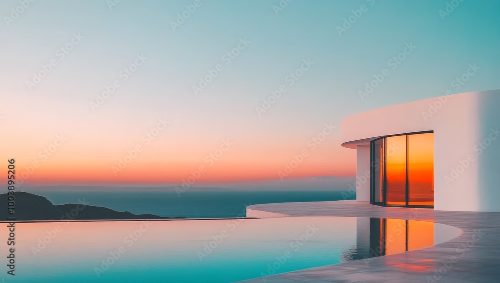 Fototapeta premium White Modernist House with Large Windows on Cliff Overlooking the Sea in Curved, Colorful Dreamscape