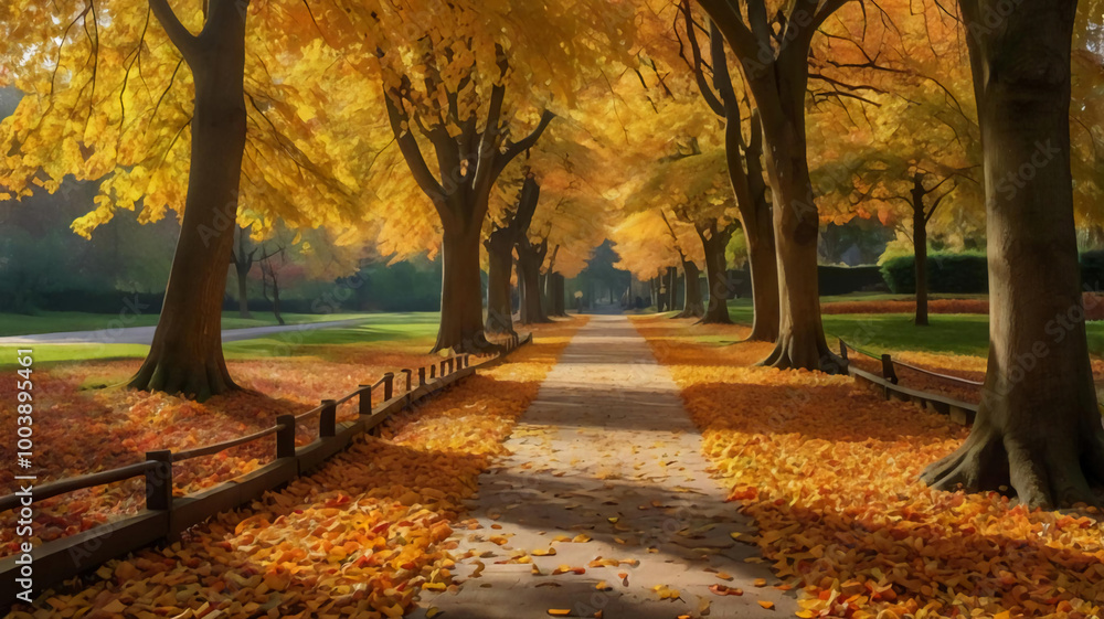 Fototapeta premium Golden Autumn Park Pathway. Ideal for Seasonal and Nature Themes
