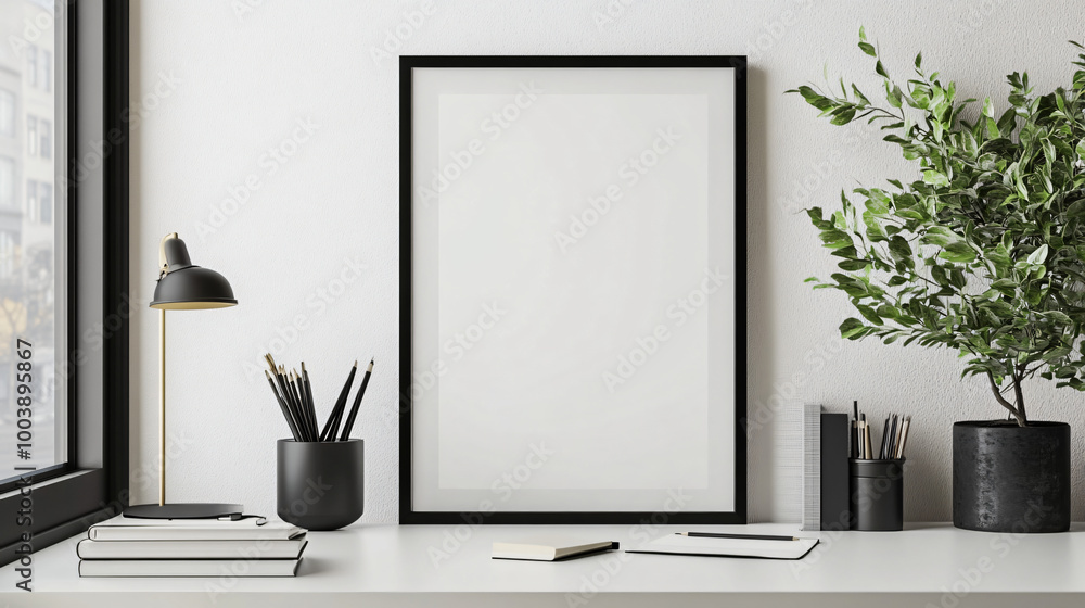Frame mock-up set on a minimalist desk in a study room, 3D render. Frame mock-up set on a minimalist desk in a study room, 3D render.