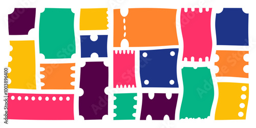 Empty colorful text frames with stabbing, hand drawn tickets and coupons, colorful text and message boxes. Vector illustration.