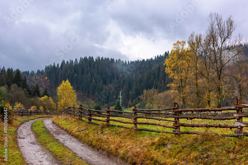 Obraz na płótnie dirt road through rural landscape in autumn. rainy weather. mountainous carpathian countryside in fall season. overcast sky. fence along the path. no escape w salonie