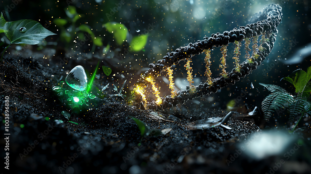 DNA strand in a forest setting with glowing plant life. DNA strand in a forest setting with glowing plant life.