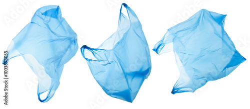  plastic waste and pollution, blue disposable shopping bags in different views, isolated