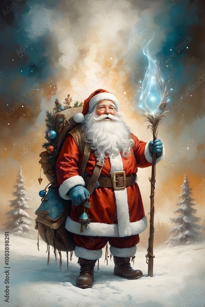 Fototapeta premium Weihnachtsmann mit Geschenken in einer Winterlandschaft