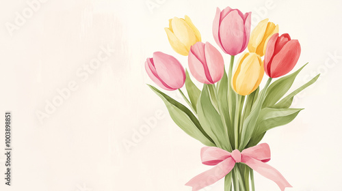 Elegant postcard bouquet of tulips with pastel background and pink ribbon, floral illustration, copy space