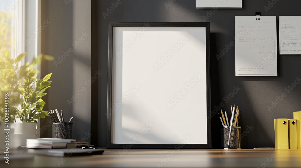 Elegant mock-up frame displayed in a sunlit home office with modern decor, 3D render. Elegant mock-up frame displayed in a sunlit home office with modern decor, 3D render.