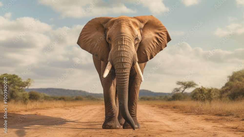 Obraz premium Majestic Elephant Walking on a Dirt Road