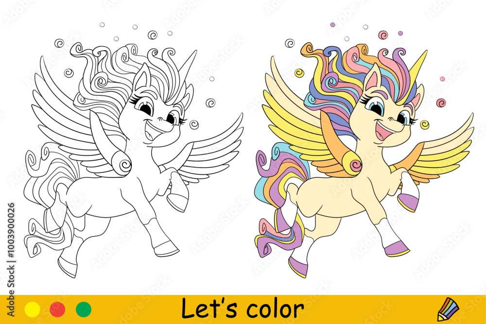 Fototapeta premium Coloring cute joyful flying unicorn vector illustration