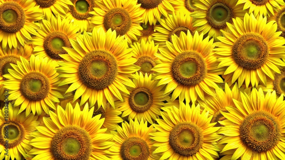 Bright sunflowers form a vibrant yellow field. Bright sunflowers form a vibrant yellow field.
