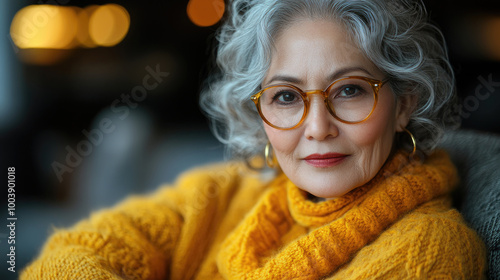 An elderly woman with elegant gray curls wears a bright yellow sweater and glasses, enjoying the warm atmosphere in a cozy indoor space