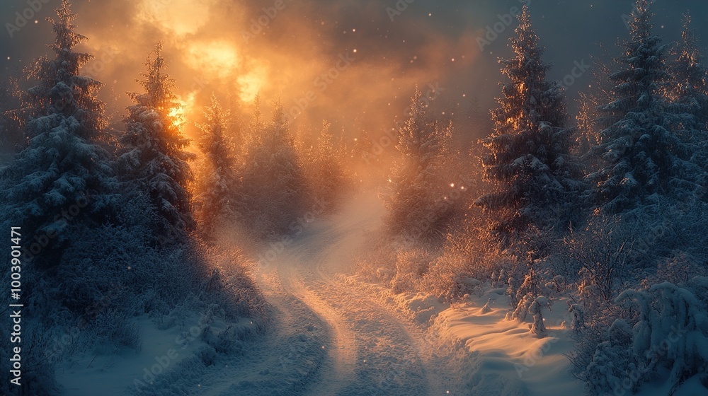 Snowy Forest Path at Sunset: Winter Wonderland Snowy Forest Path at Sunset: Winter Wonderland