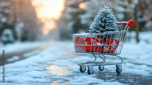 Fototapeta Naklejka Na Ścianę i Meble -  A shopping cart holds a small Christmas tree and wrapped gifts, standing on a snowy street as the sun sets in the background